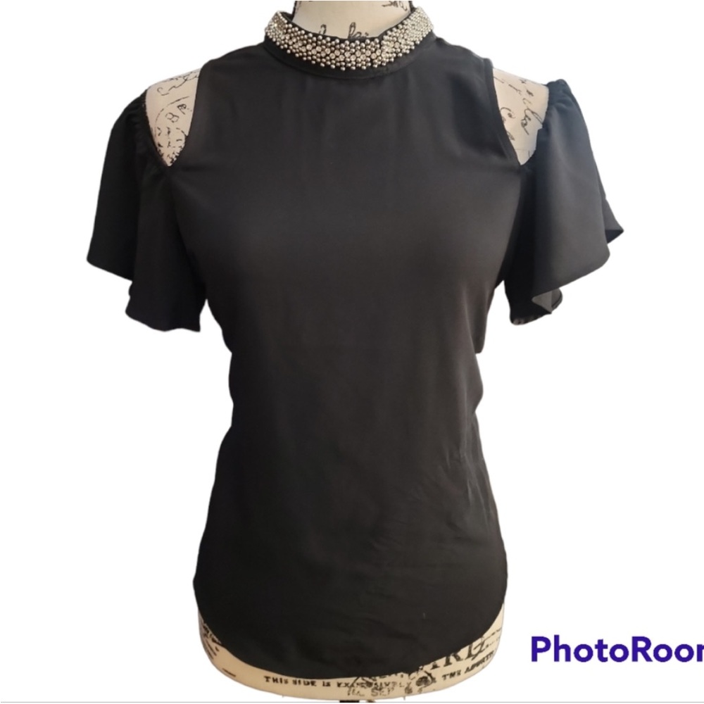 XOXO Black Blouse with Embellished Collar & cut out shoulders